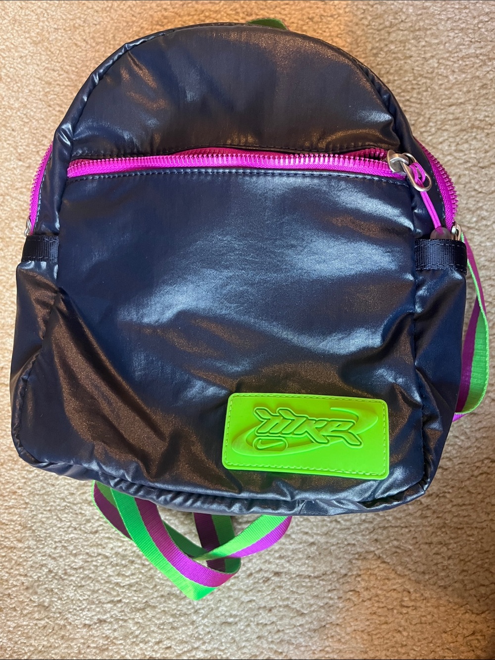 Nike women’s y2k style  Mini Backpack with Neon Green Logo & Pink Zipper